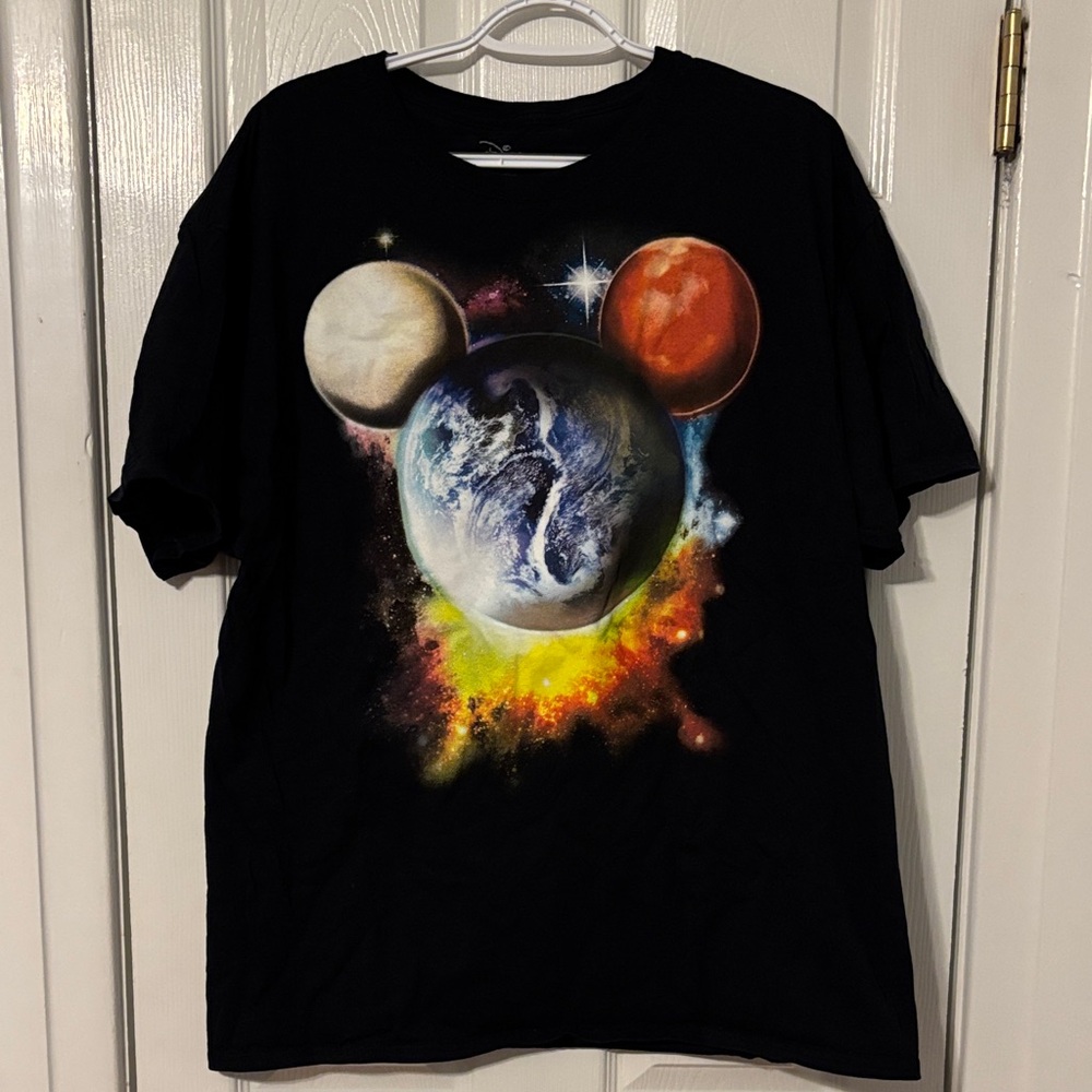 Disney Black Graphic T-Shirt with Planetary Design, Size XL, Smoke Free Home